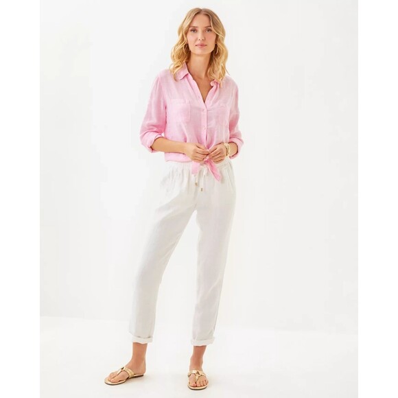 🌴 Lilly Pulitzer Womens White Linen Pants ~Elastic Waist Tapered Leg Size XS - Picture 1 of 7